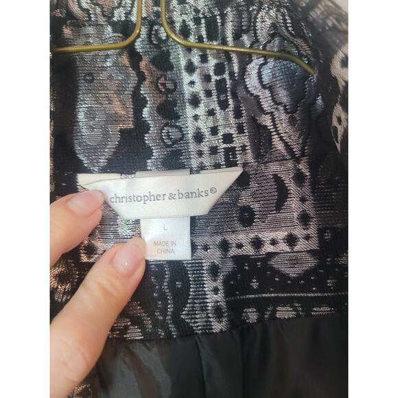 Christopher & Banks Duster Jacket Women’s L Black Silver Tapestry EUC - Picture 6 of 14